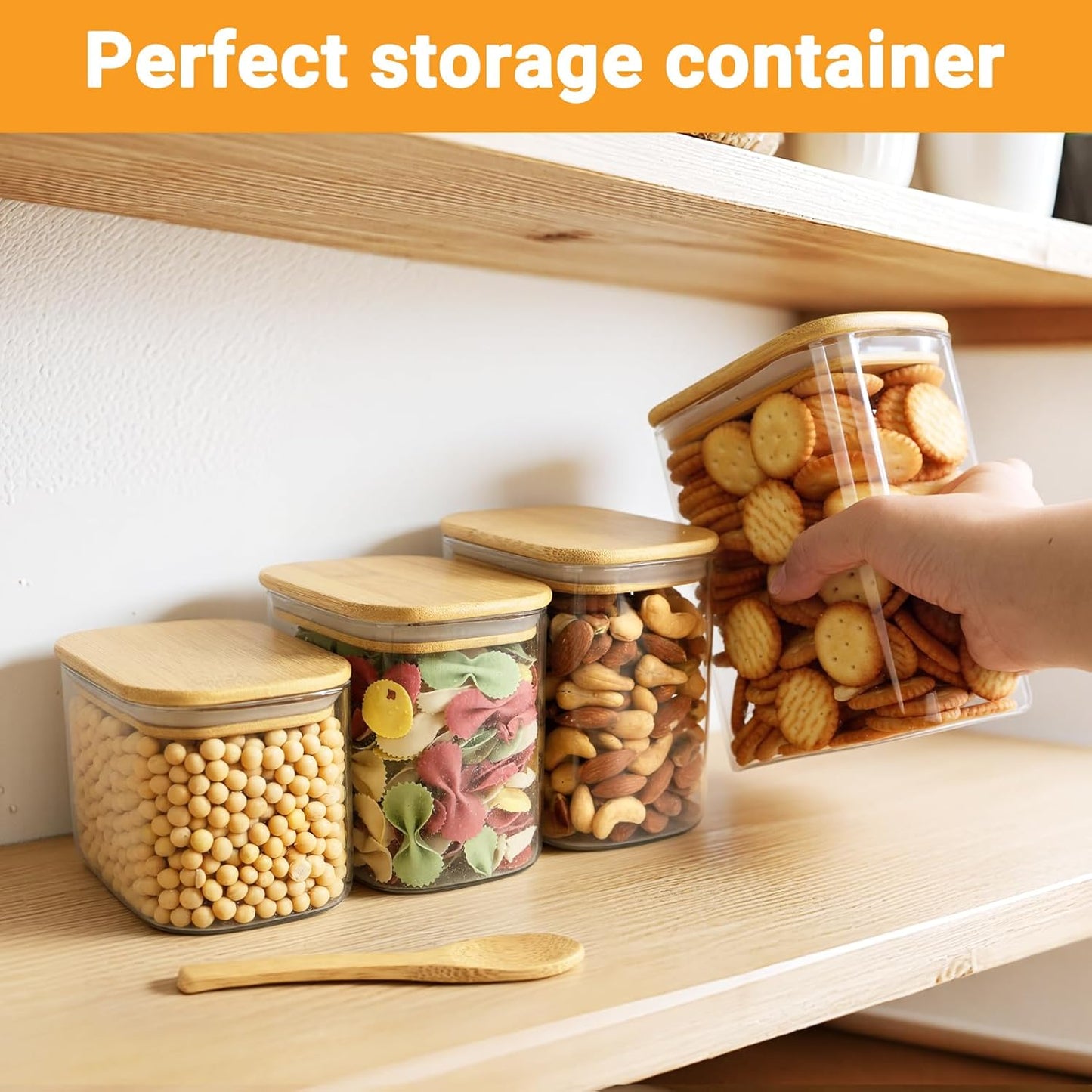 Rectangle Glass Jars with Bamboo Lids, 4 Pack 17oz Glass Jars Set with Airtight Lids, Kitchen Pantry Storage Containers for Countertop, Sugar and Coffee Container for Tea, Cereal, Oats, Beans