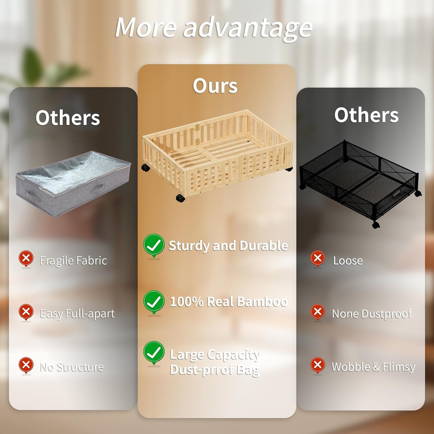 Bamboo Under Bed Storage with Wheels Rolling Underbed Shoe Organizer Box for Shoes, Blankets, Toys, Clothes Container Space-Saving Organizer Bins for Bedroom, Closet, Dorm, Nursery