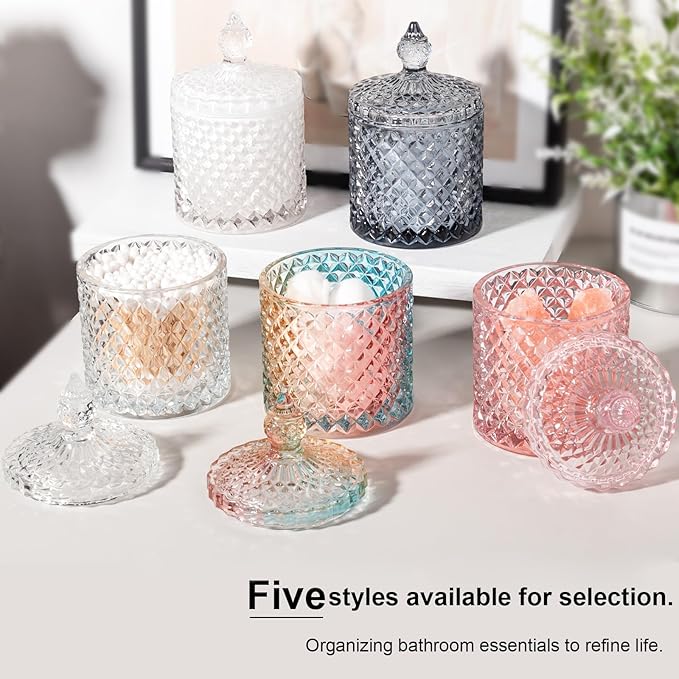 rejomiik 2 Pack Qtip Holder Thick Glass Apothecary Jars with Lid for Bathroom Decor Storage Organizer for Cotton Swabs, Balls, Pads, Floss Picks, Candy, Jewelry, Pink