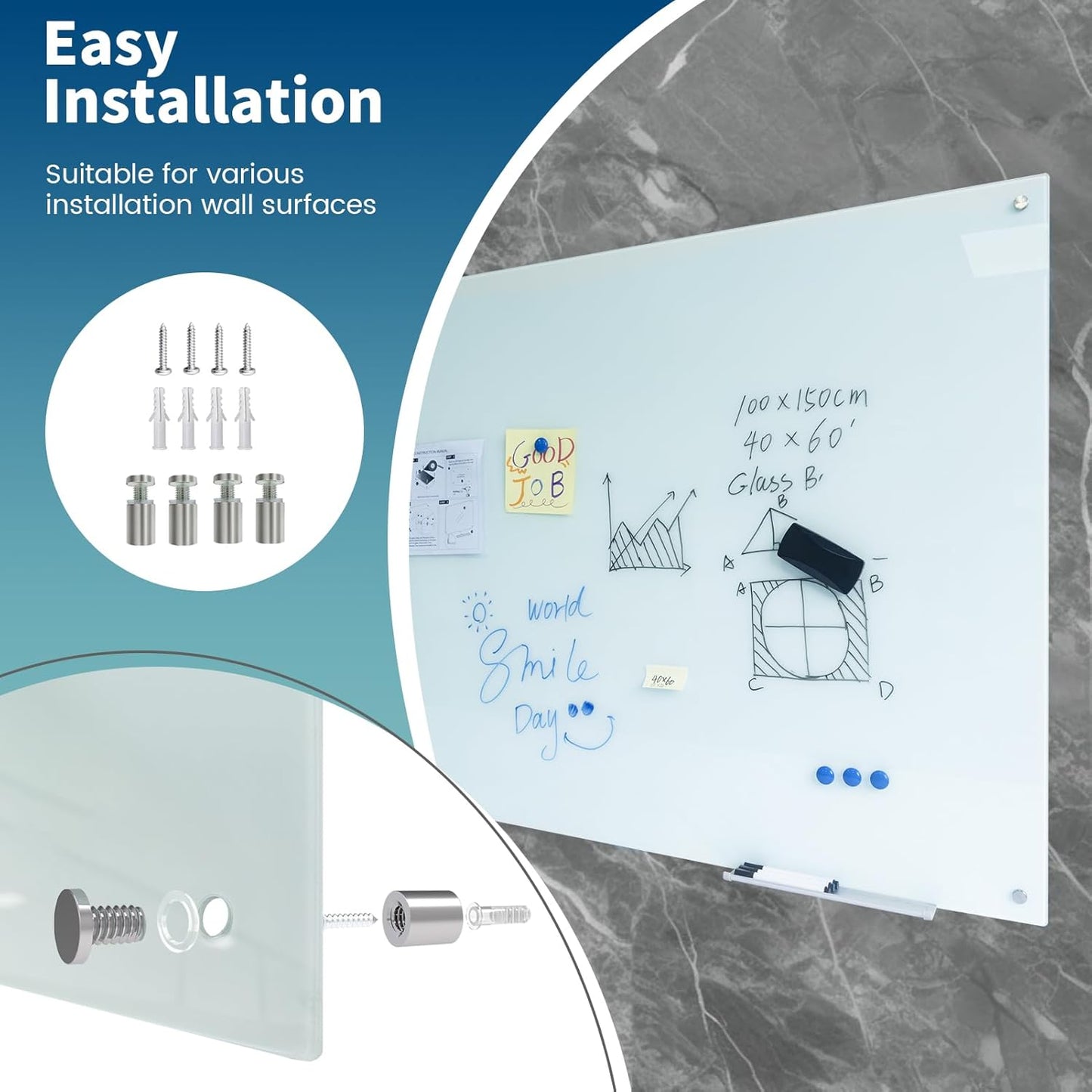 Magnetic Whiteboard Glass Writeboard 40"x60" Tempered Glass Dry Erase Board Wall Mounted Frameless Glass Whiteboard Writing GlassBoard for Office School Home (White)