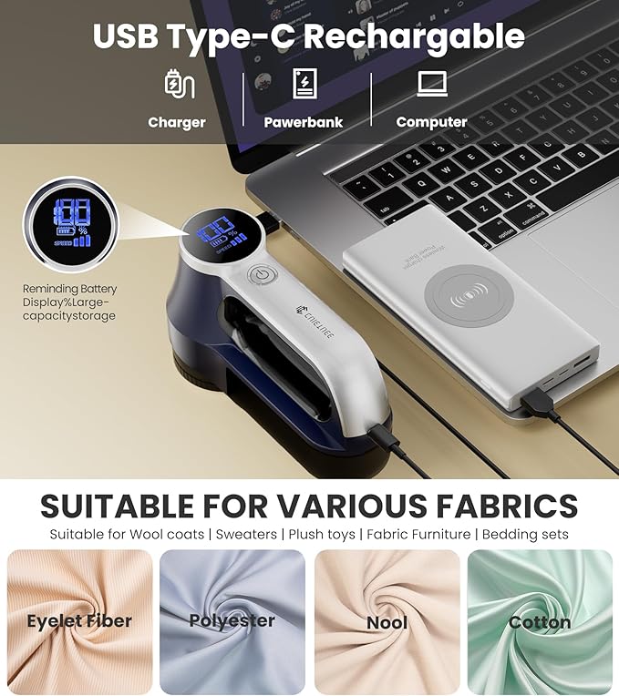 Rechargeable Fabric Shaver | 3-Speed Electric Lint Remover | 6 Blades High Eliminates Fuzz & Pilling | with LED Display & Type-C Fast Charging Port | Lint Shaver for Clothes & Furniture - Navy Blue