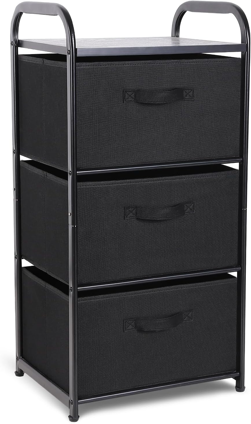 MAX Houser Dresser Storage with 3 Easy Pull Fabric Drawers, Fabric Dresser Tower,Vertical Storage Unit for Bedroom,Chest of Drawers with Metal Frame, Wooden Tabletop, for Living Room, Closet (Black)