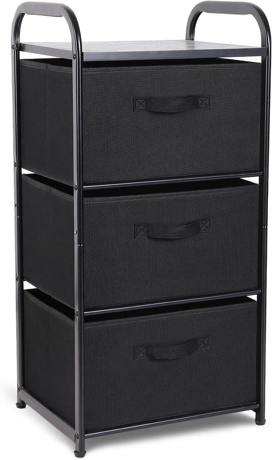MAX Houser Dresser Storage with 3 Easy Pull Fabric Drawers, Fabric Dresser Tower,Vertical Storage Unit for Bedroom,Chest of Drawers with Metal Frame, Wooden Tabletop, for Living Room, Closet (Black)