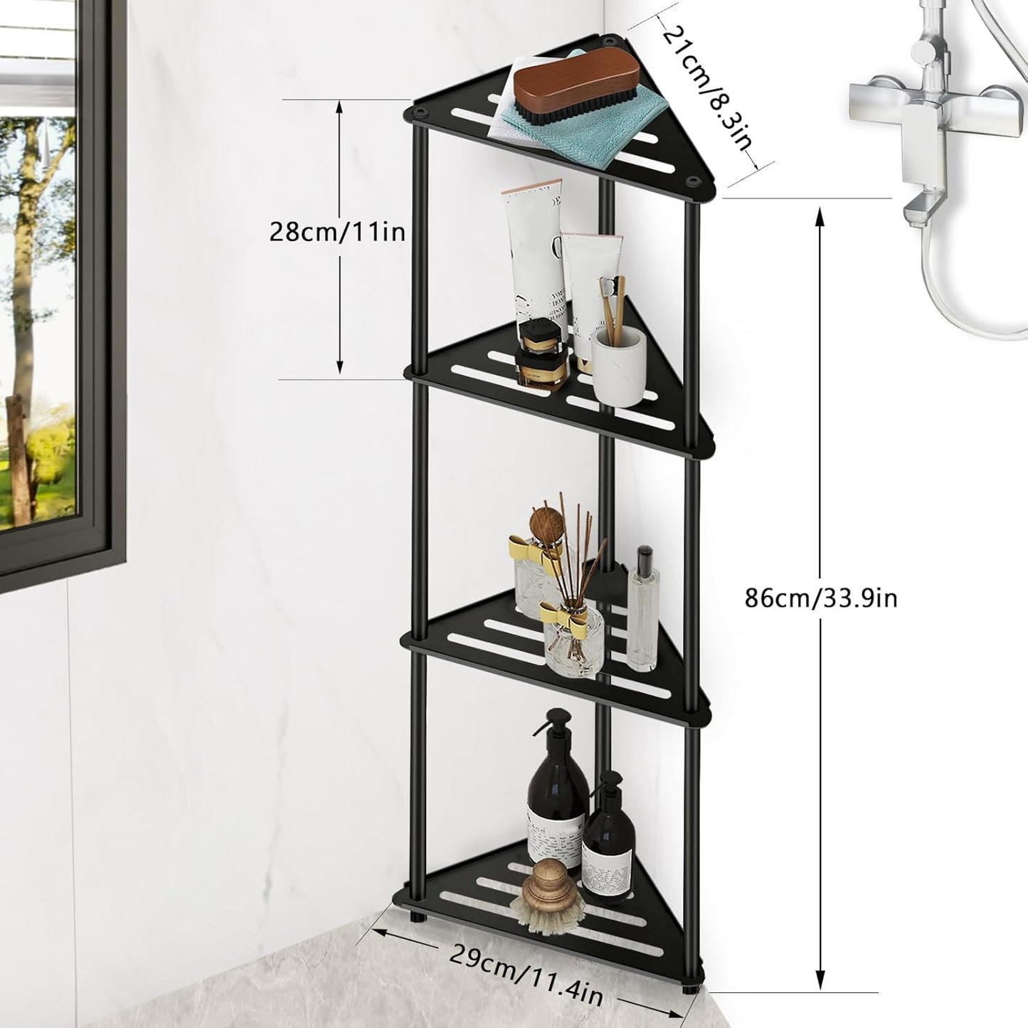 Standing Corner Shower Caddy, 4 Tier Stainless Steel Organizer Stand, Rustproof Shelves for Inside Shower, Black