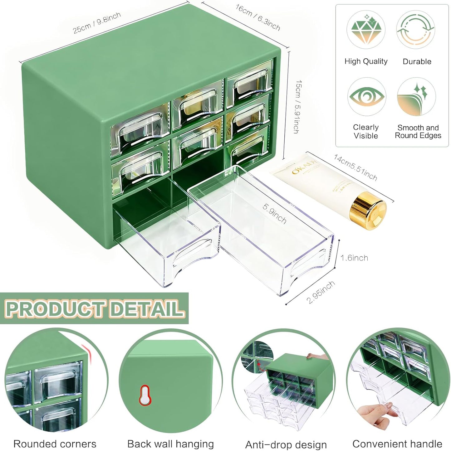 Desk Storage Organizer with 9 Drawers, FODIENS Stackable Desktop Craft Drawer Cabinet, Clear Storage Box Caddy for Makeup Jewelry Office Craft Supplies (9.84×6.3×5.9in) (Green)