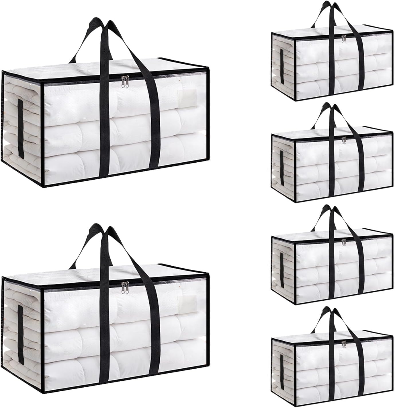 6 Pack-Extra Large Heavy Duty Moving Bags - Waterproof Storage Totes with Handles & Zippers, Foldable for College Dorm, Storage (Clear)