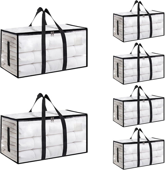 6 Pack-Extra Large Heavy Duty Moving Bags - Waterproof Storage Totes with Handles & Zippers, Foldable for College Dorm, Storage (Clear)