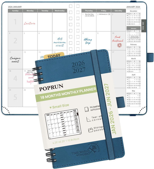 POPRUN Monthly Planner 2026-2027 (Pocket 4.25" x 6.25") 18 Months Calendar (Jan 2026 - Jun 2027) - 4 Pages per Month with Expense & Notes, Leather Cover, Sunday Starts - Night Sky Blue