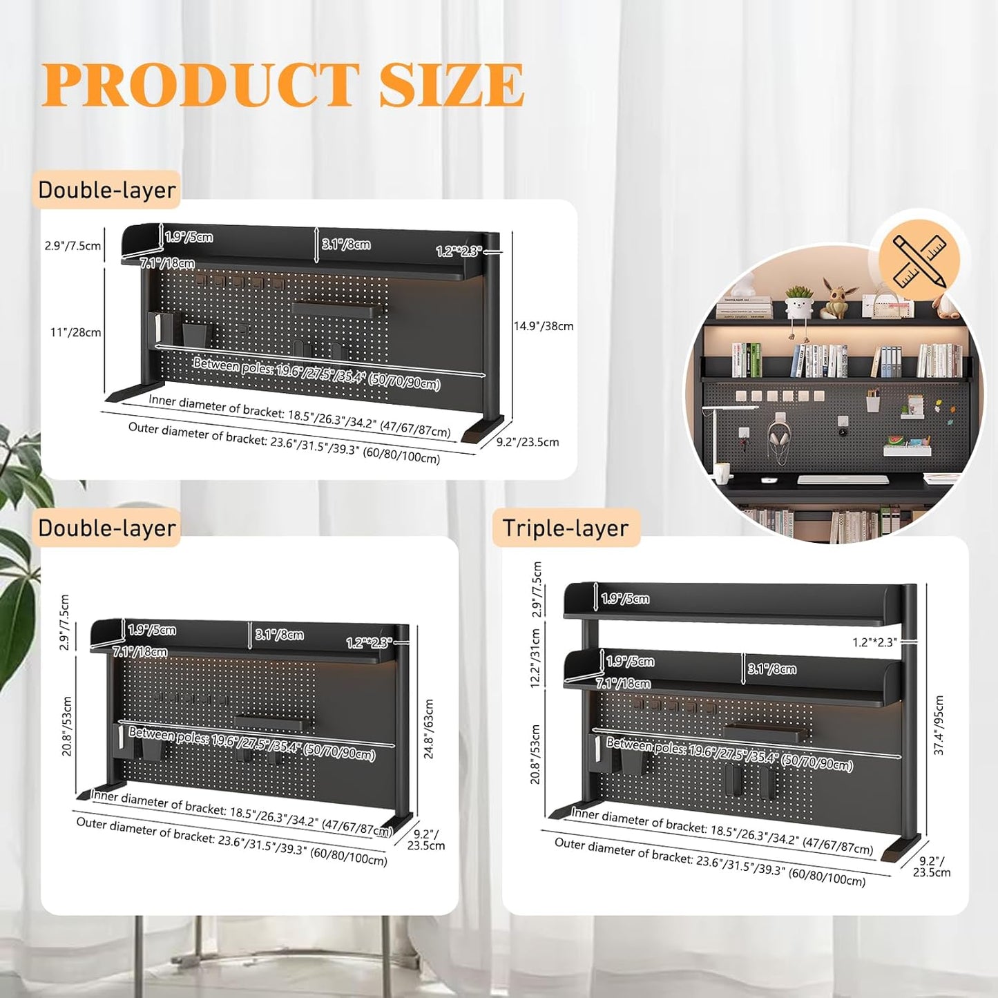 Desk Organizer Shelf for Standing Desk – Metal Frame Desk Hutch with Pegboard, Storage Shelf, and Hooks, Space-Saving Desktop Organizer for Home Office & Workstation Yellow 31.5 * 9.3 * 15in