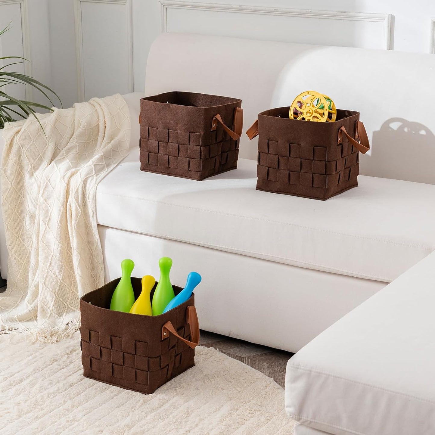 10 Inch Cube Storage Basket 3 Pack, Blanket Baskets with Leather Handle, Felt Fabric Storage Bin for Shelves,Square Baskets for Toys Nursery Living Room, Brown