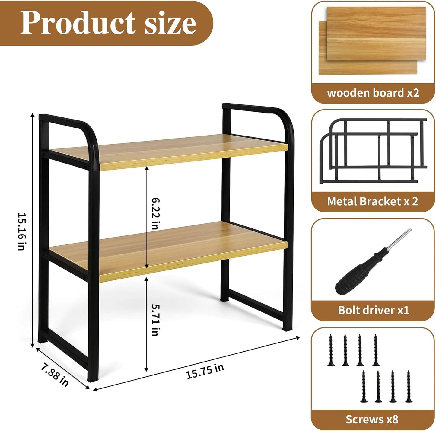 Desktop Shelf Organizer, 2-Tier Office Desk Shelf for Top of Desk, Wood & Metal Bookshelf Supplies Storage Rack (Black&Walnut)