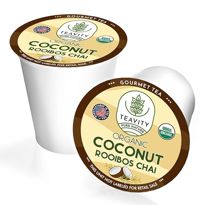 Coconut Rooibos Chai Tea Pods for Keurig - Organic Ginger Tea, Rooibos, Cinnamon, Cardamom, Coconut & Chai by Teavity (24 Tea Pods)