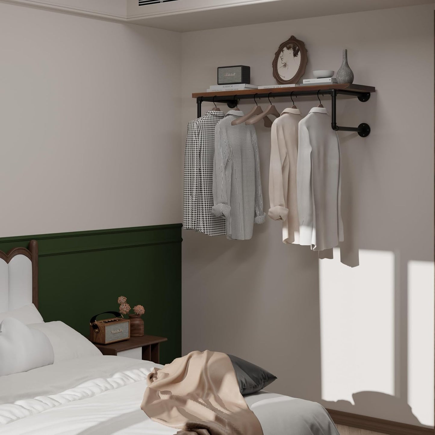 Clothes Rack 36in, Wall Mounted Garment Racks with Real Walnut Wood Shelf, Heavy Duty Hanging Clothes Rack, Multi-Purpose Hanging Rod, Space-Saving Closet Storage