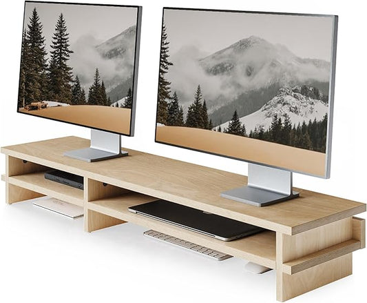 Fenge Dual Monitor Stand, 39.4in Wood Monitor Riser for 2 Monitors, 2 Tiers Desk Shelf with Cable Mangement for Top of Desk, Computer Stand for Laptop, PC, Printer