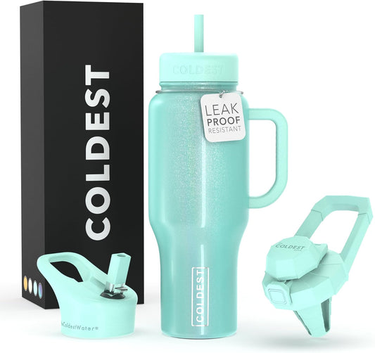 Coldest Tumbler with Handle and Straw, 100% Spill Proof Tumbler with Straw (3 Lids), Stainless Steel Insulated Leakproof Tumblers for Women & Men, 36 oz (Astronaut Green Glitter)