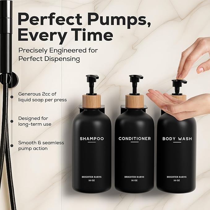 Black Shampoo and Conditioner Dispenser Set Wall Mounted by Brighter Barns - Shampoo Dispenser for Shower Wall 3 Chamber No Drill - Shower Bottles Refillable with Labels for Bathroom, Airbnb (Black)