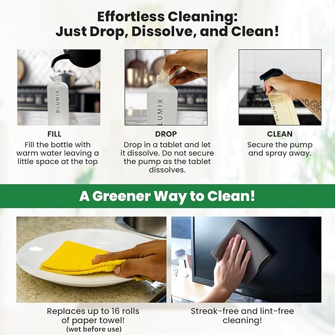Eco-Friendly Cleaning Kit – Spray Bottle, 4 Refill Tablets, Swedish Dishcloth & Glass Cloth | Lemon & Eucalyptus | Plant-Based, Biodegradable All-Purpose Surface Cleaner Starter Set, Gift
