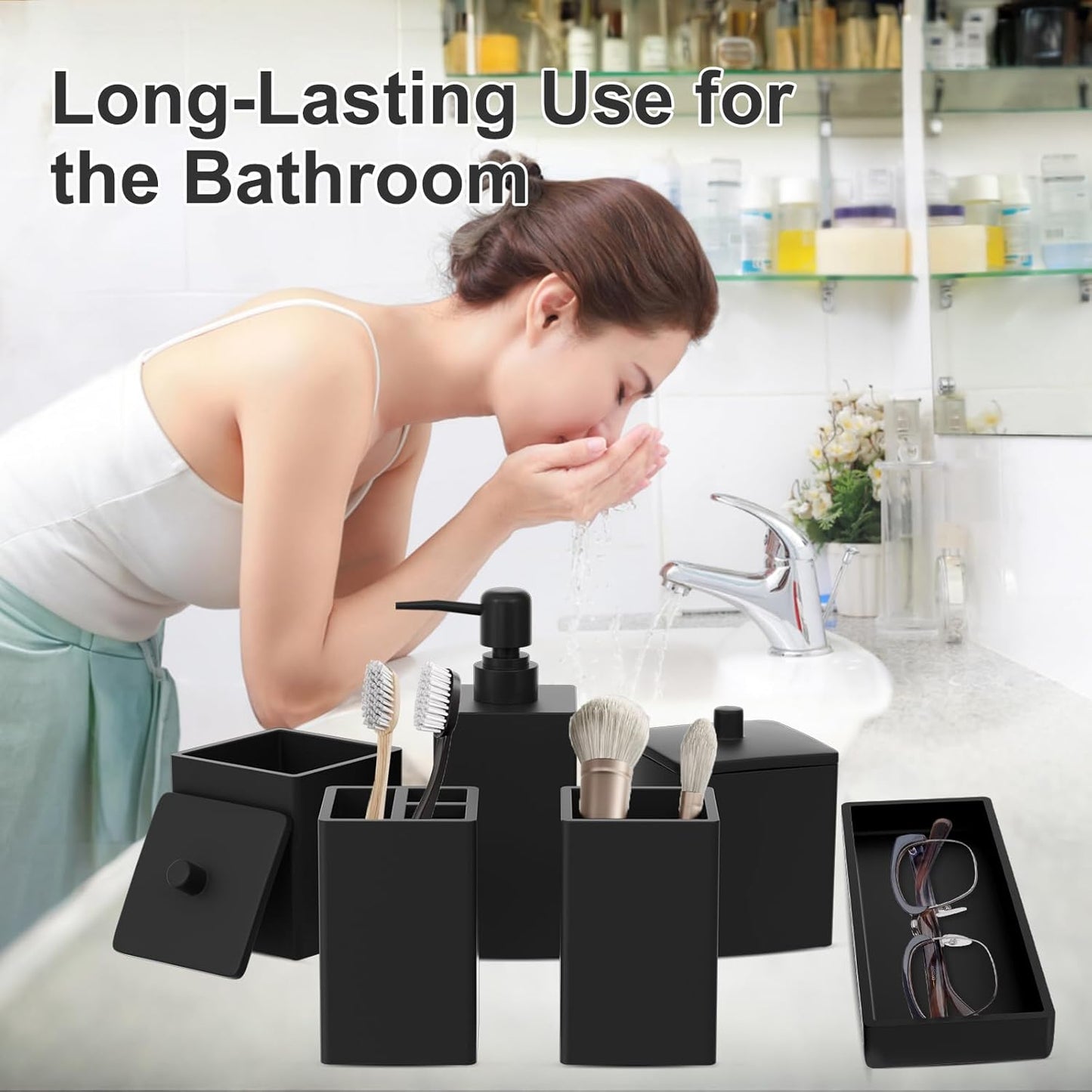 Black Bathroom Accessories Set Resin 6PCS, Square Toothbrush Holders Set Complete with Soap Dispenser, Vanity Tray, Tumbler, Cups and Cotton Swab Jars for Counter, Sink or Small Spaces