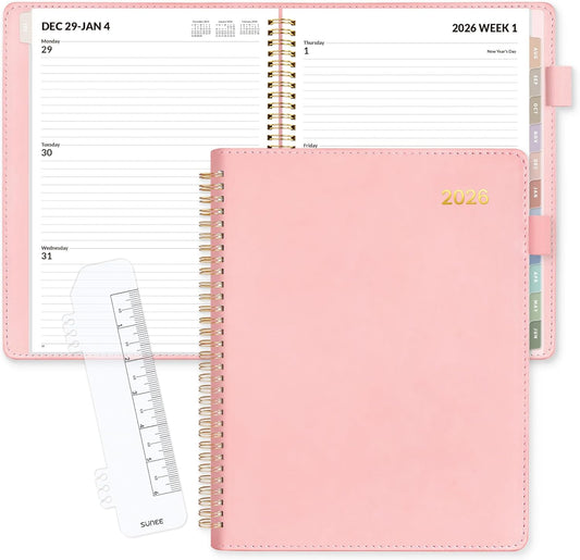 SUNEE 2026 Weekly & Monthly Planner 9"x11.2"- 12 Month (January 2026 - December 2026), Vegan Leather Cover, Pocket, Bookmark, Notes, Monthly Tab, Peach Pink
