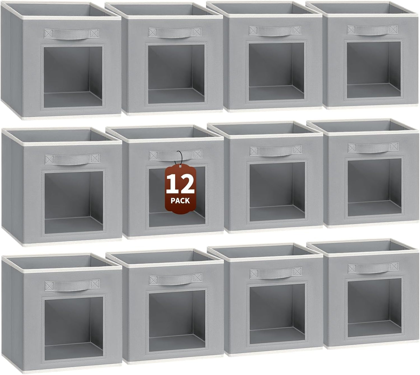 Foldable Storage Cubes - Cubby Storage Organizer with Window, Decorative Baskets for Organizing, Fabric Bins for Clothes Storage, Closet Storage Cubes 11inch, Set of 12, Grey