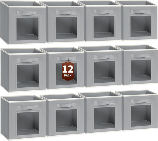 Foldable Storage Cubes - Cubby Storage Organizer with Window, Decorative Baskets for Organizing, Fabric Bins for Clothes Storage, Closet Storage Cubes 11inch, Set of 12, Grey