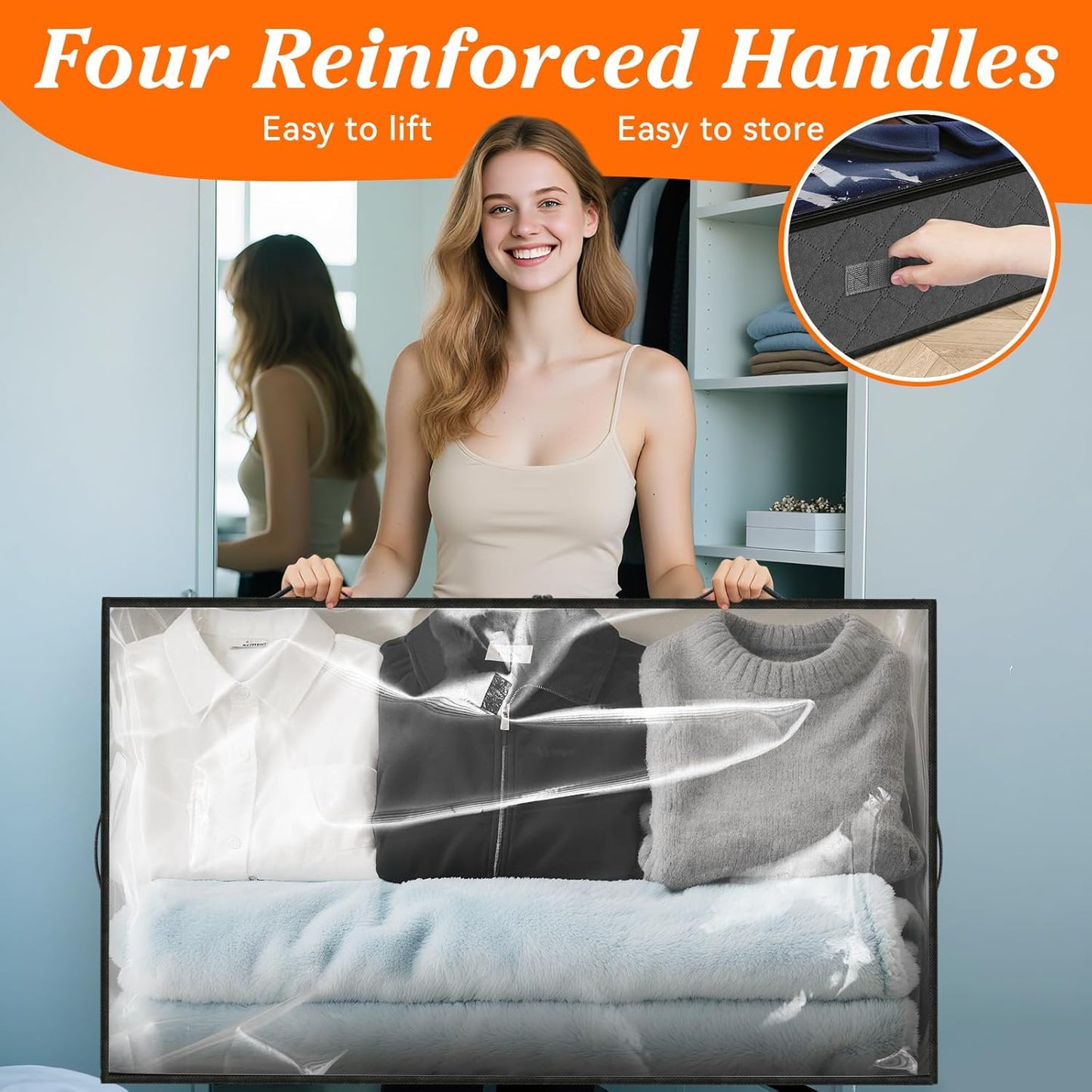 SpaceWhisper 90L Under Bed Storage Containers, 4-Pack Storage Bins with Clear Top, Foldable Closet Organizers and Storage with Label Holder for Clothing, Blankets, Comforter & Pillows (Grey)