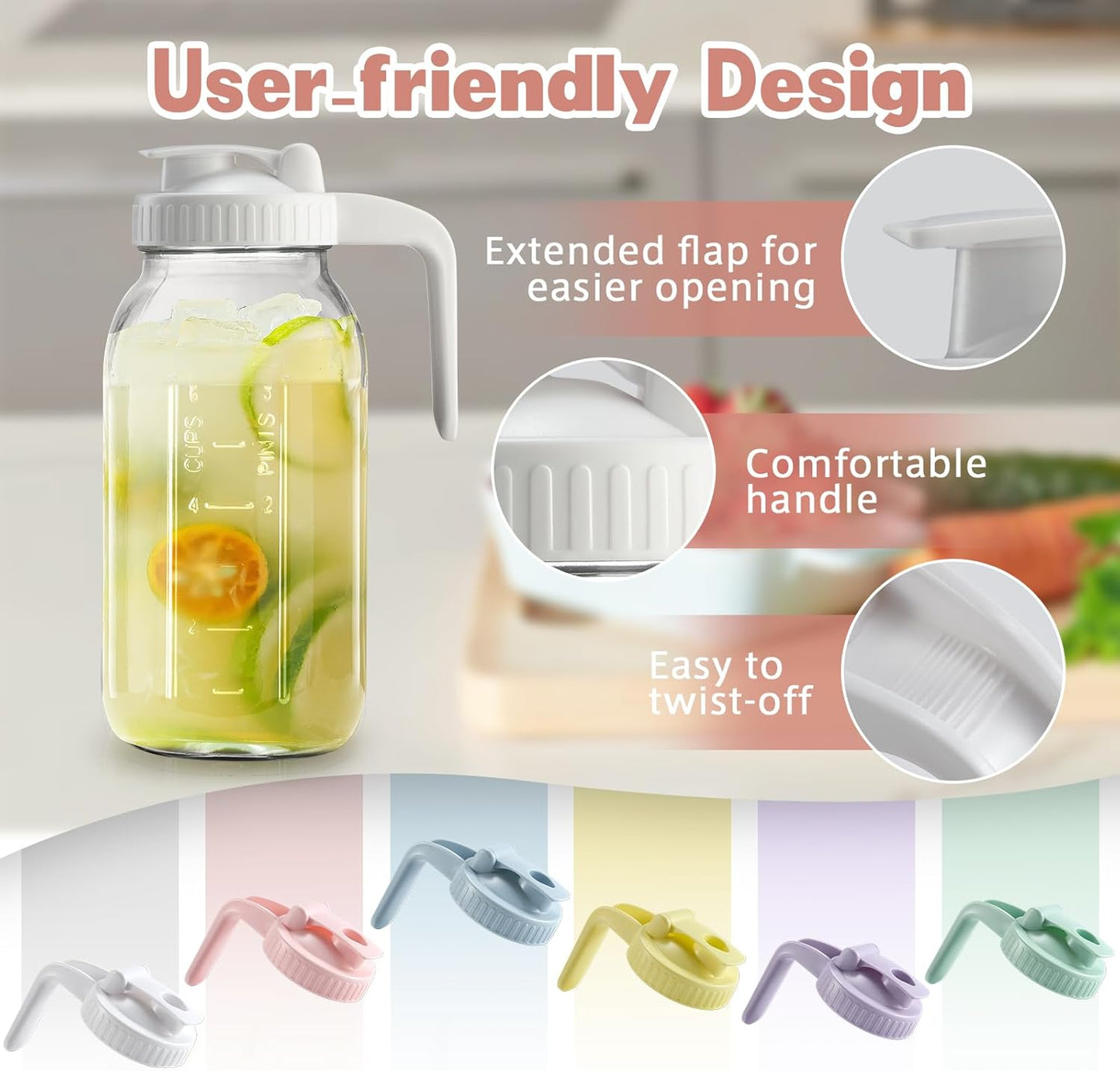 64oz Glass Pitcher with Lid & V-shaped Pour Spout - 2 Quart Breastmilk Pitcher Double Leak Proof, Creamer Container for Sun Tea, Juice, Cold Brew Coffee, Breastmilk Storage Containe