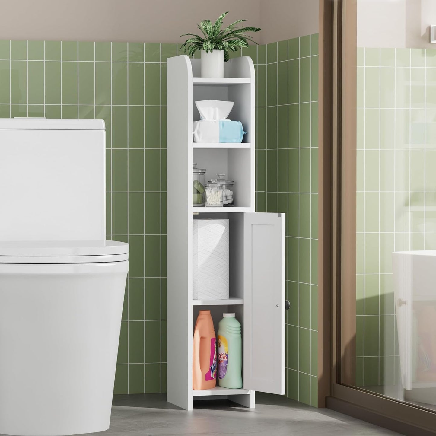 Homhedy Small Bathroom Storage Corner Floor Cabinet with Door and Shelves, Beside The Toilet Paper Stand for Skinny, Narrow Toilet Paper Cabinet, 7.9" D x 7.1" W x 35.4" H, White