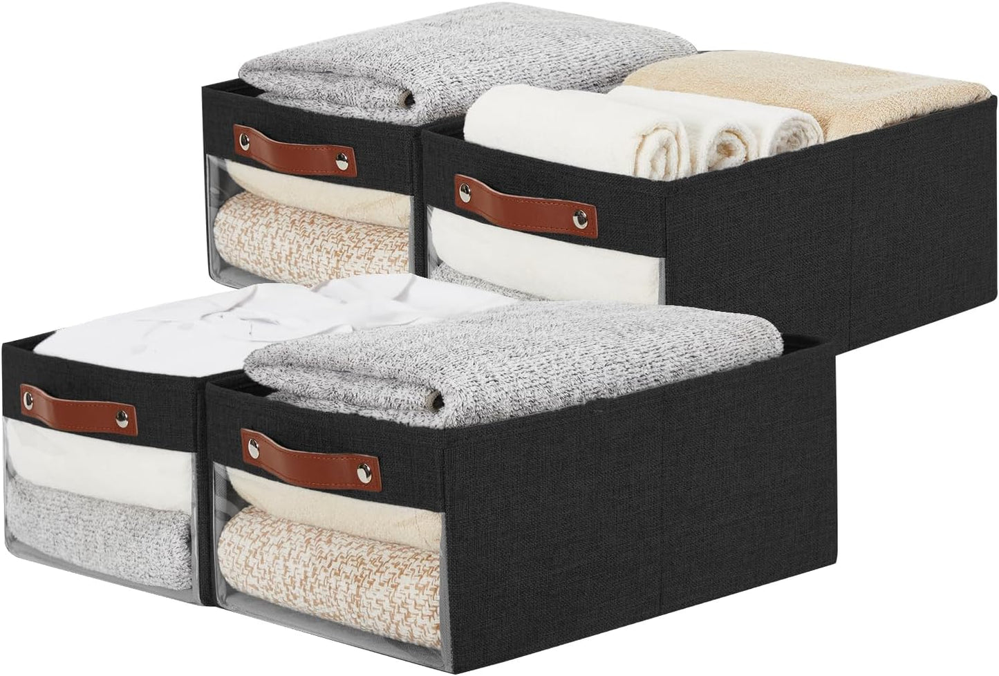 Medium Storage Baskets with Clear Window, See Through Closet Organizer with PU Handles, Linen Foldable Storage Bins for Organizing Clothes, Toys, Books (Black)