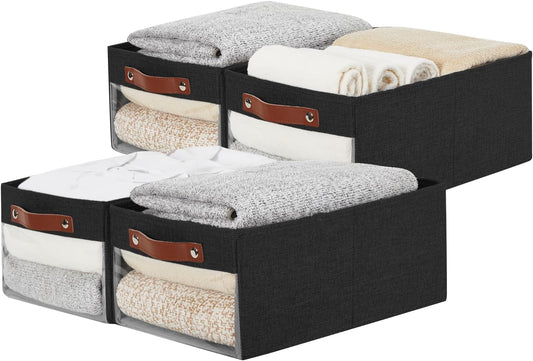 Medium Storage Baskets with Clear Window, See Through Closet Organizer with PU Handles, Linen Foldable Storage Bins for Organizing Clothes, Toys, Books (Black)