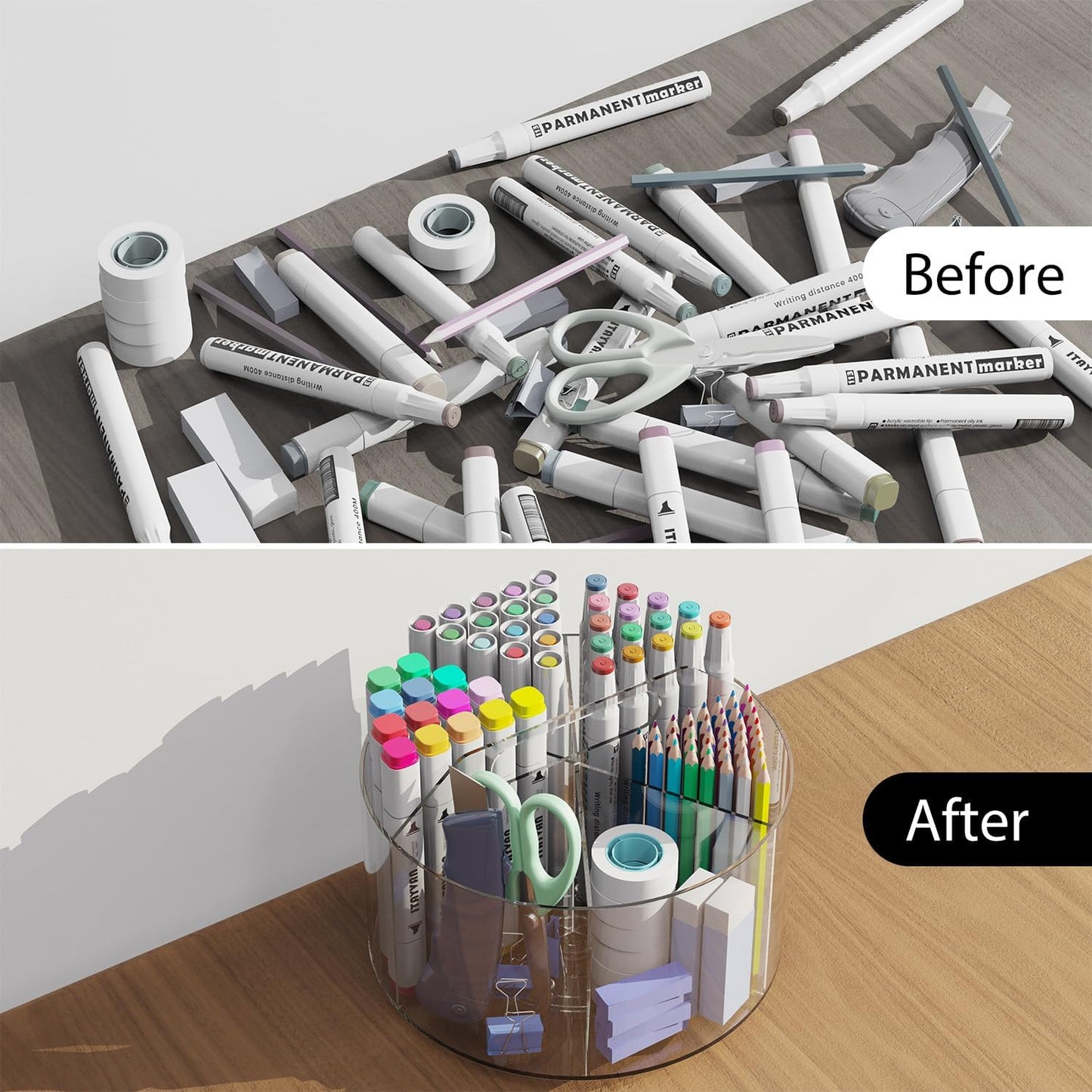 Desk Pen Holder, 360 Degree Acrylic Rotating Pencil Organizer for Kid Crayon Marker, Office Supply Accessory Organizer Rotating Organization for Desktop, Kitchen, Makeup, Vanity