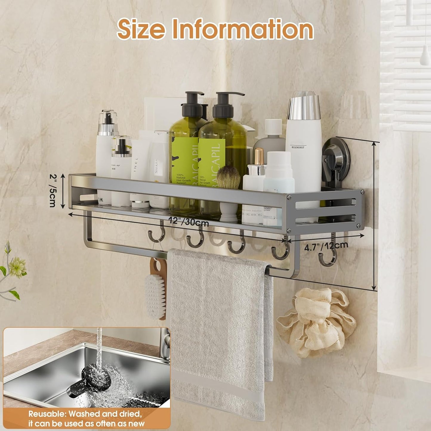 Shower Caddy Suction Cup, 11.8 inch suction shower shelf with Hooks NO-Drilling Bathroom Holder, Rustproof bathroom organizer, Dark Grey