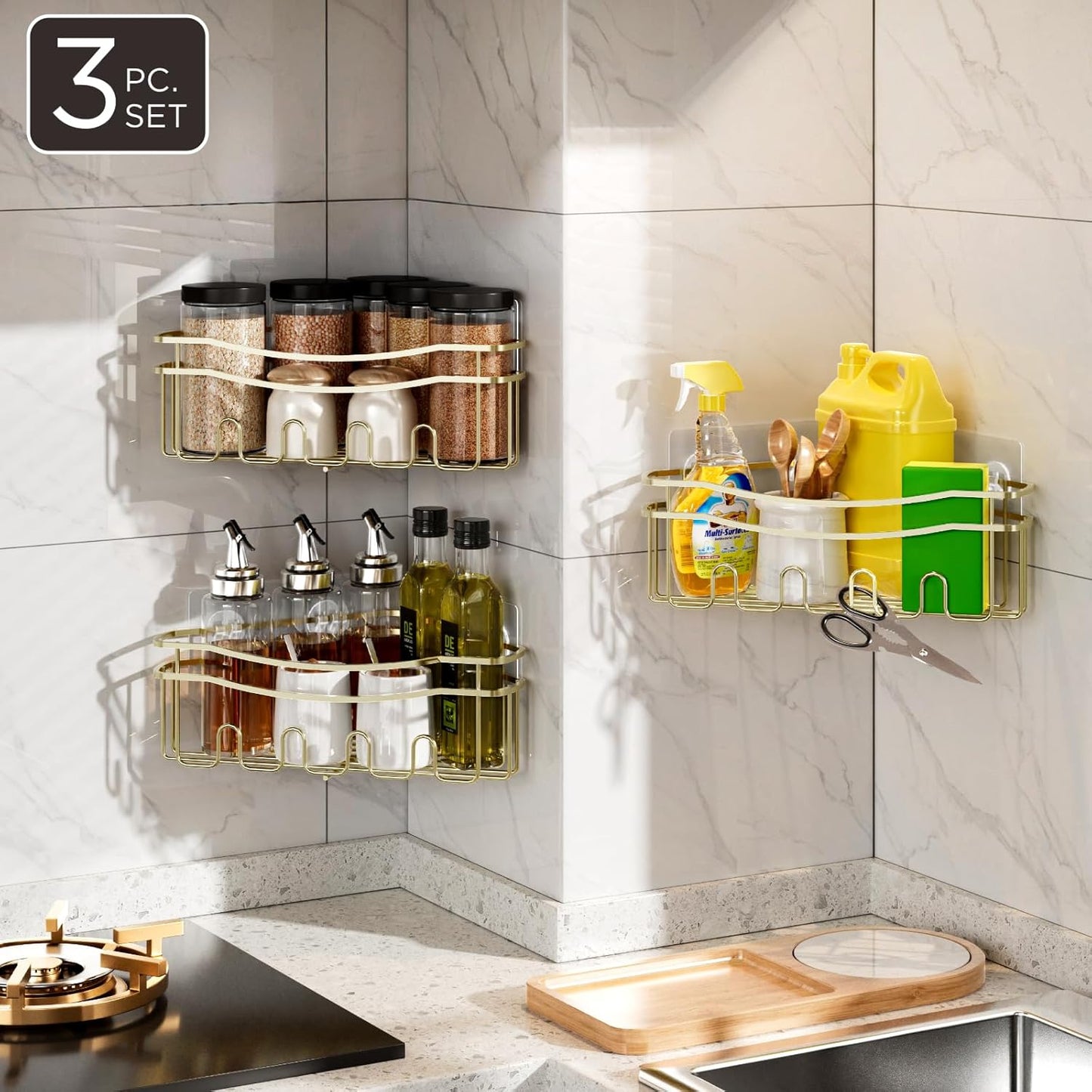 Gold corner shower caddies with depth caddy and Built in 12 hooks rustproof wall mounted No drilling No marring adhesive bathtub corner organizer for bathroom kitchen and laudry room