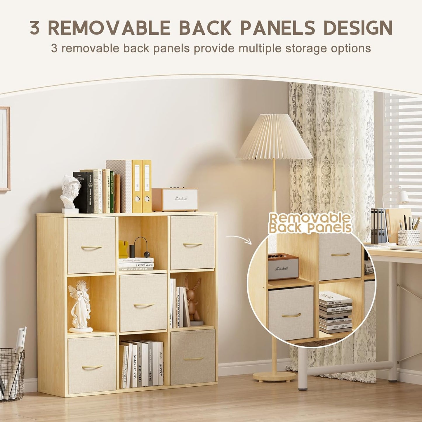 9 Cube Storage Organizer - Solid Wood Bookshelf with 5 Storage Bins, Cube Shelf with 3 Removable Back Panels, Vertical or Horizontal Bookcase, Open Book Shelf for Bedroom, Living Room, Office