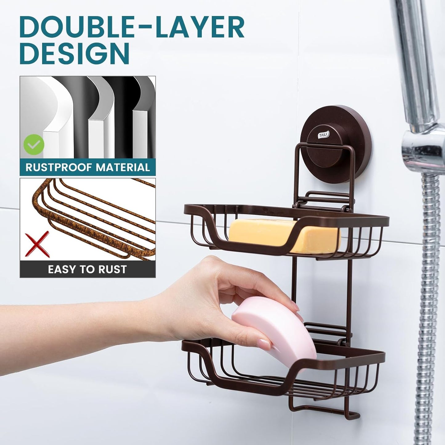 TAILI Double Layer Soap Holder, Bar Soap Dish Suction Cup for Shower Wall, Draining Saver Tray for Bathroom, Rustproof Stainless Steel Sponge Holder for Tub, Kitchen, Drill-Free, Brown