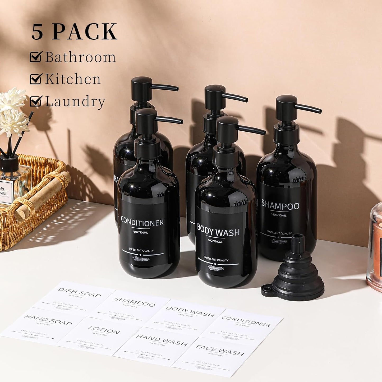 Shampoo and Conditioner Dispenser(5Pack)16.9oz Refillable Shampoo and Conditioner Bottles,Dispenser for Shower (Black)