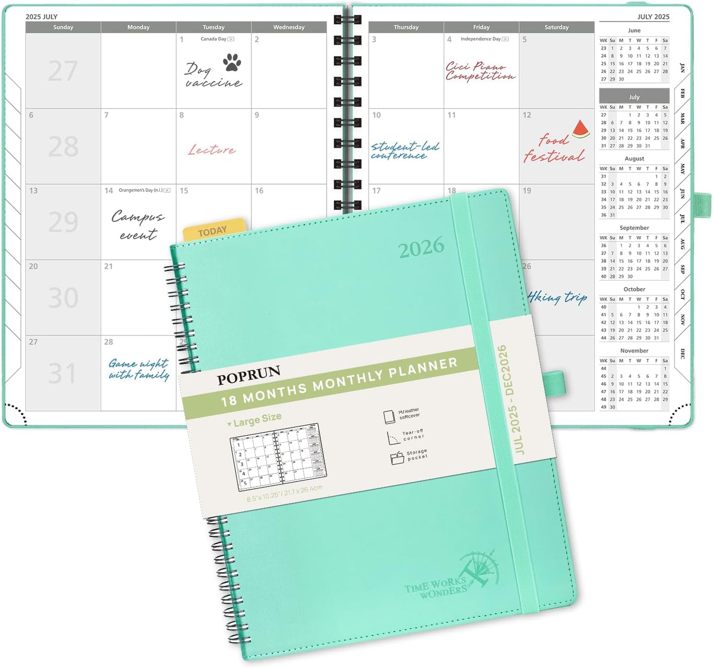 POPRUN Monthly Planner 2025-2026 Spiral Bound (8.5'' x 10.5'') 18 Months Calendar (Jul 2025 - Dec 2026) - 4 Pages per Month with Monthly Expense & Notes, Sunday Start, Leather Cover - Green
