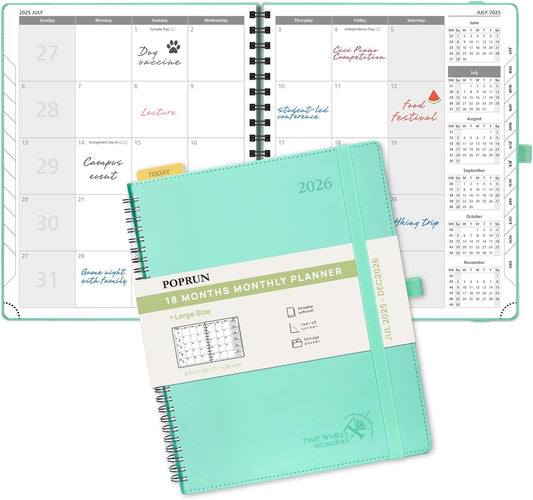 POPRUN Monthly Planner 2025-2026 Spiral Bound (8.5'' x 10.5'') 18 Months Calendar (Jul 2025 - Dec 2026) - 4 Pages per Month with Monthly Expense & Notes, Sunday Start, Leather Cover - Green