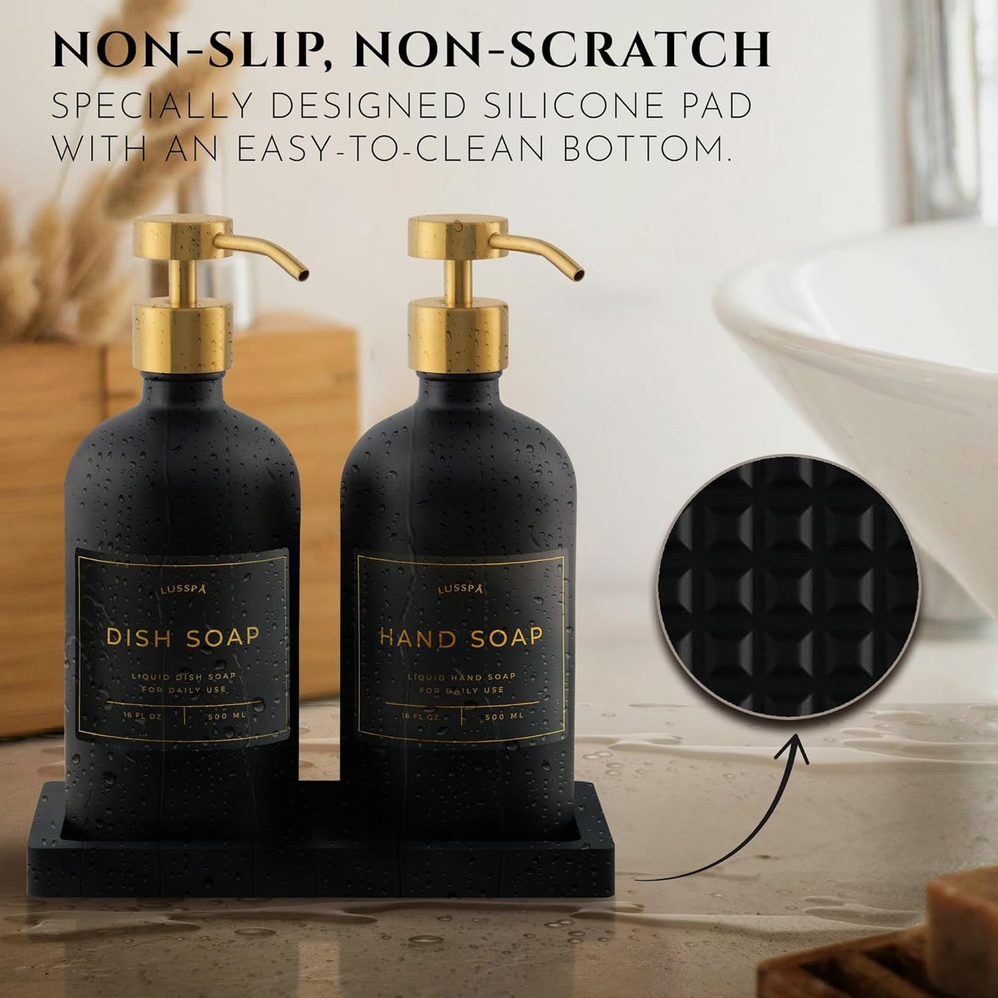 Lotion, Hand & Dish Soap Dispenser for Kitchen Sink - Bathroom Soap Dispenser Set of 2 16.8 Oz Glass Bottles with Stainless Steel Pump, 15 Water Proof Labels & Silicon Tray (Black/Gold)