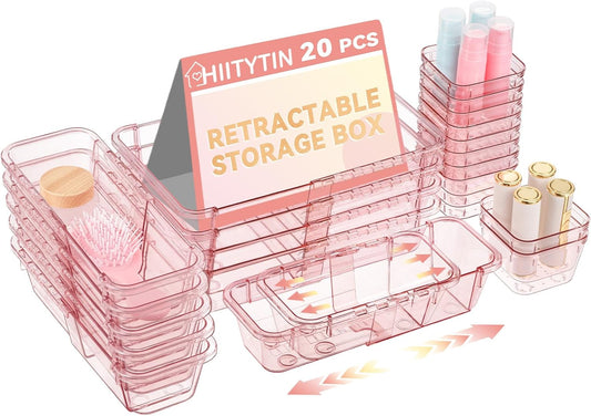 20 Pcs Adjustable Clear Drawer Organizer, Extendable Vanity Storage Bins, Desk Drawer Organizer Set for Makeup, Cosmetics, Bedroom, and Gadgets, Pink