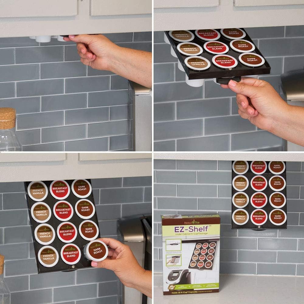 PERFECT POD EZ-Shelf Under Shelf Storage for K Cups, Space-Saving Under Counter Cabinet Coffee Pod Holder, 10.5" x 7.25" x 2", Holds 12 Cups
