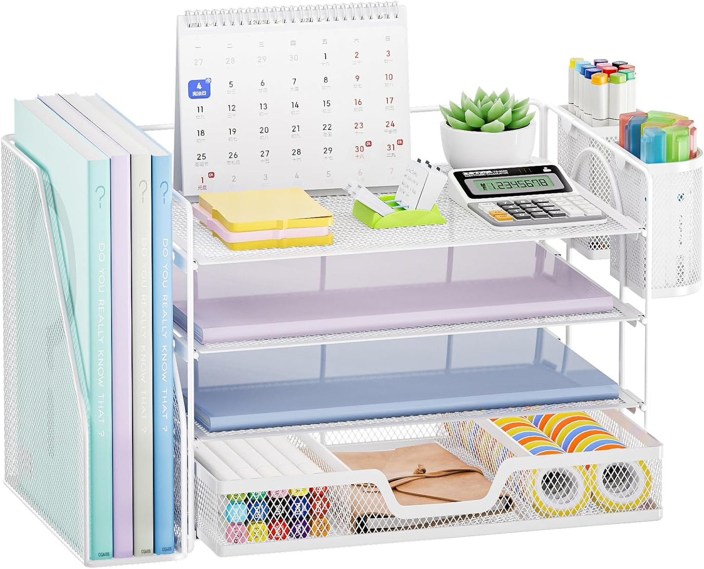 Marbrasse Desk Organizer and Accessories，4-Tier Paper Letter Tray Organizer with File Holder, Desk Accessories with Drawer and 2 Pen Holder (White, 15.4" x 9.1" x 8.3")