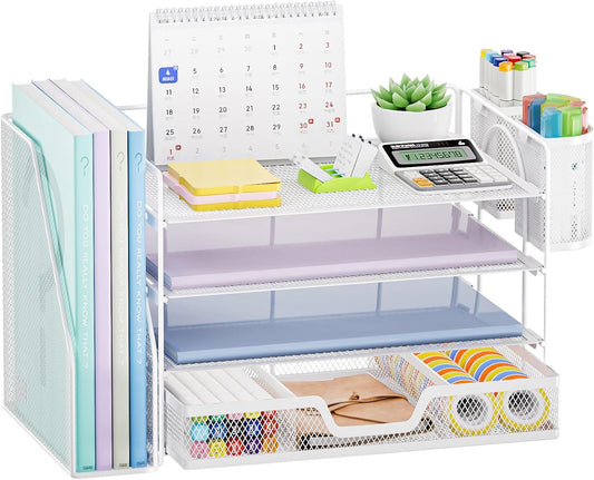 Marbrasse Desk Organizer and Accessories，4-Tier Paper Letter Tray Organizer with File Holder, Desk Accessories with Drawer and 2 Pen Holder (White, 15.4" x 9.1" x 8.3")