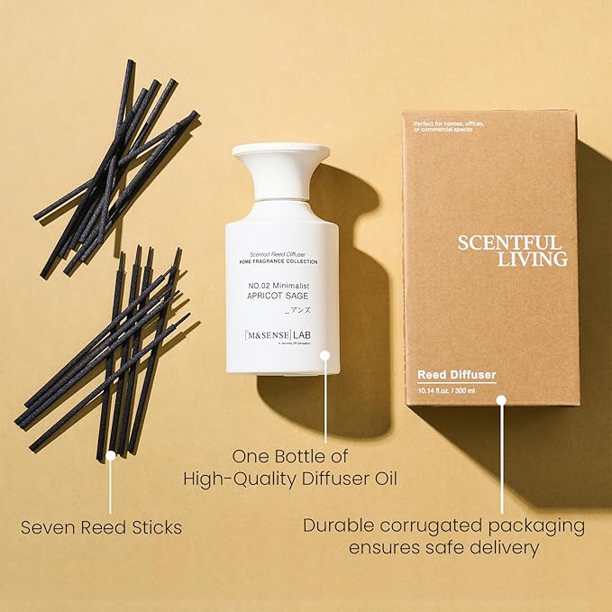 M&SENSE Minimalist Large Reed Diffuser 300ml, Apricot Sage Scented with Natural Essential Oils, Long Lasting with 7 Sticks, Non-Toxic Home Fragrance for Bedroom, Bathroom Decor