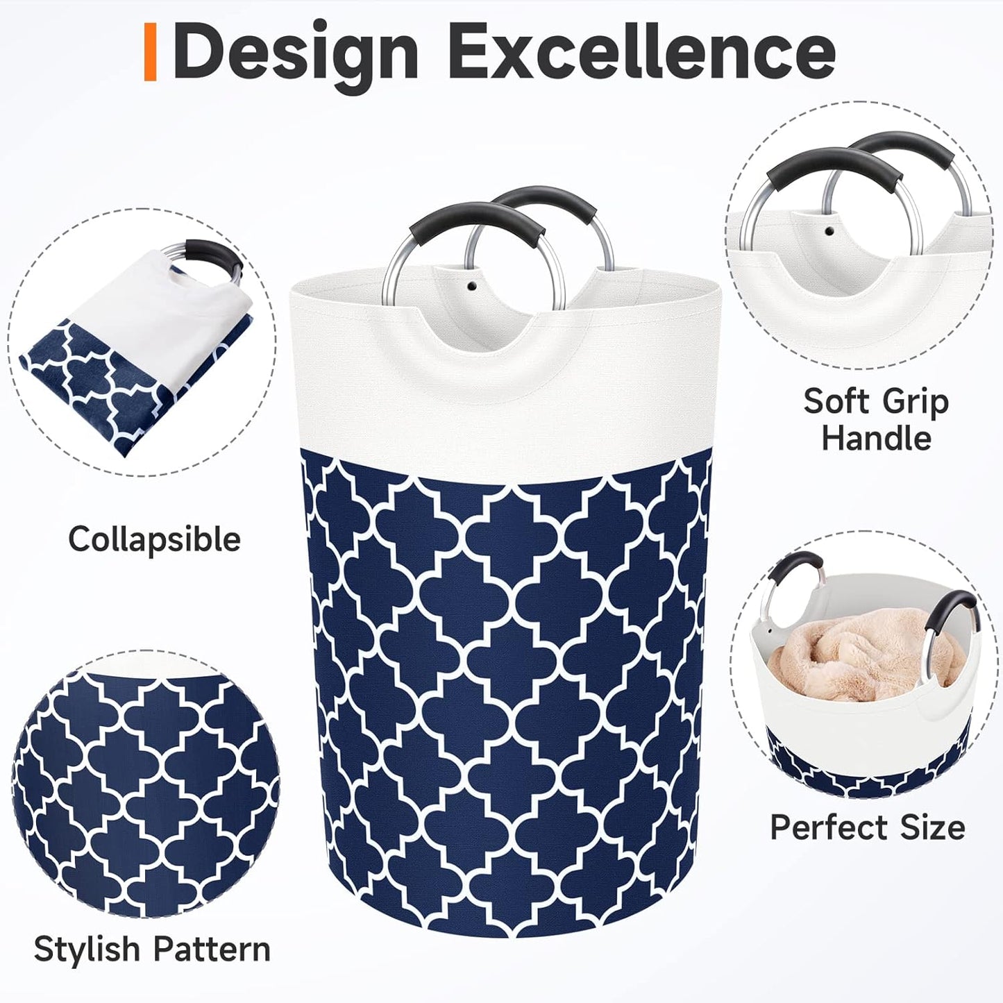 Large Laundry Basket Laundry Hamper Bag Washing Bin Clothes Bag Collapsible Tall With Handles Waterproof Travel Bathroom College Essentials Storage For College Dorm, Family (Blue)75L