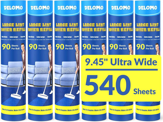 Lint Roller Refills (6 Pack, 540 Sheets) – DELOMO 9.45 in Large Lint Roller Refill, Compatible Only with DELOMO Floor Lint Roller, for Cleaning Carpets, Cars, Clothing & Pet Hair