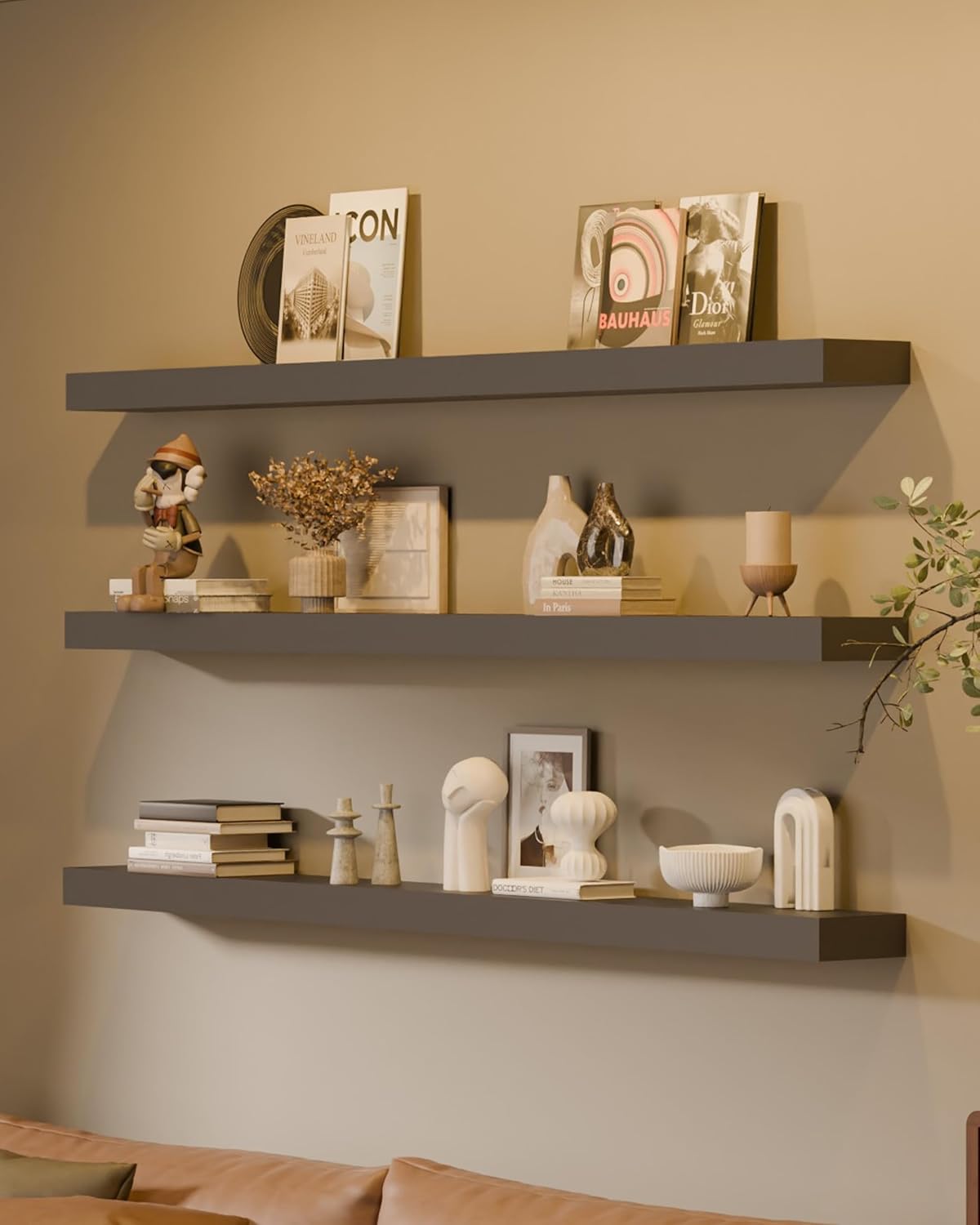 Floating Shelves for Wall, 60 Inch Extra Long Gray Wall Shelves, Set of 3, Hanging Invisible Brackets Floating Shelves for Living Room,Bedroom,and Kitchen