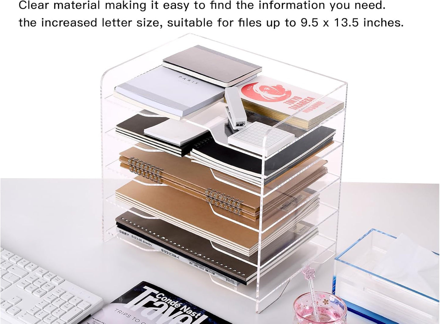 Acrylic Paper Letter Tray Organizer, 5 Tiers, Transparent, Modern, Rectangular, Stackable, Office