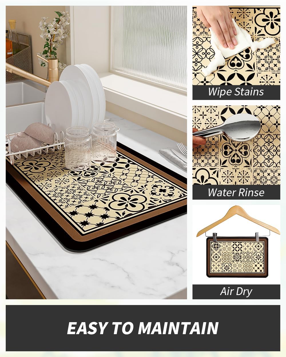 AMOAMI Coffee Mat - Hide Stain Rubber Backed Absorbent Dish Drying Mat for Kitchen Counter - Fits Under Coffee Maker - Khaki 12X19