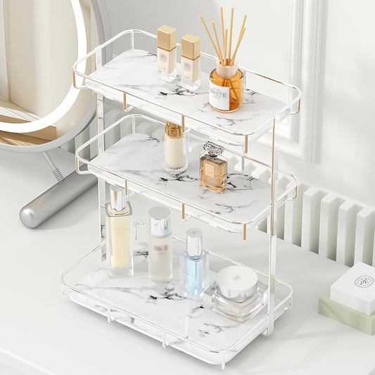 Bathroom Organizer Countertop Perfume Organizer Makeup Organizer Cosmetics Storage Display Rack Vanity Tray Dresser Stainless Steel Gold Shelf White Marble Ceramic Tray